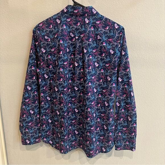 Talbots Sz small Festive Cardinals Bird Blue Pink Blouse Shirt Top Button Artsy - Picture 3 of 5